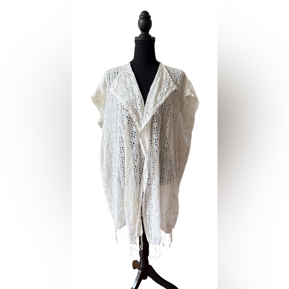 J. Crew White Linen and Cotton Crochet Open Front Kimono with Fringe